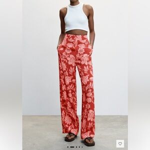 Mango Red and Pink Trousers with Ornate Floral Pattern